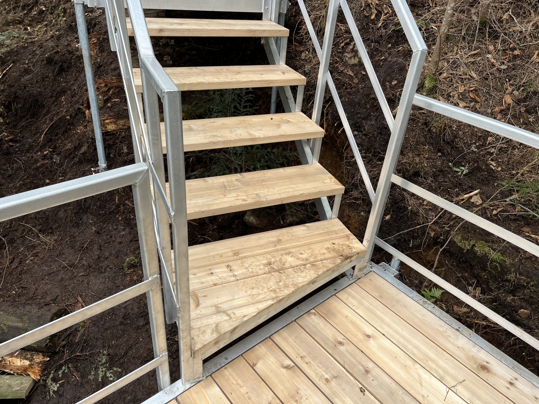 Escalier en forêt avec rampe en métal